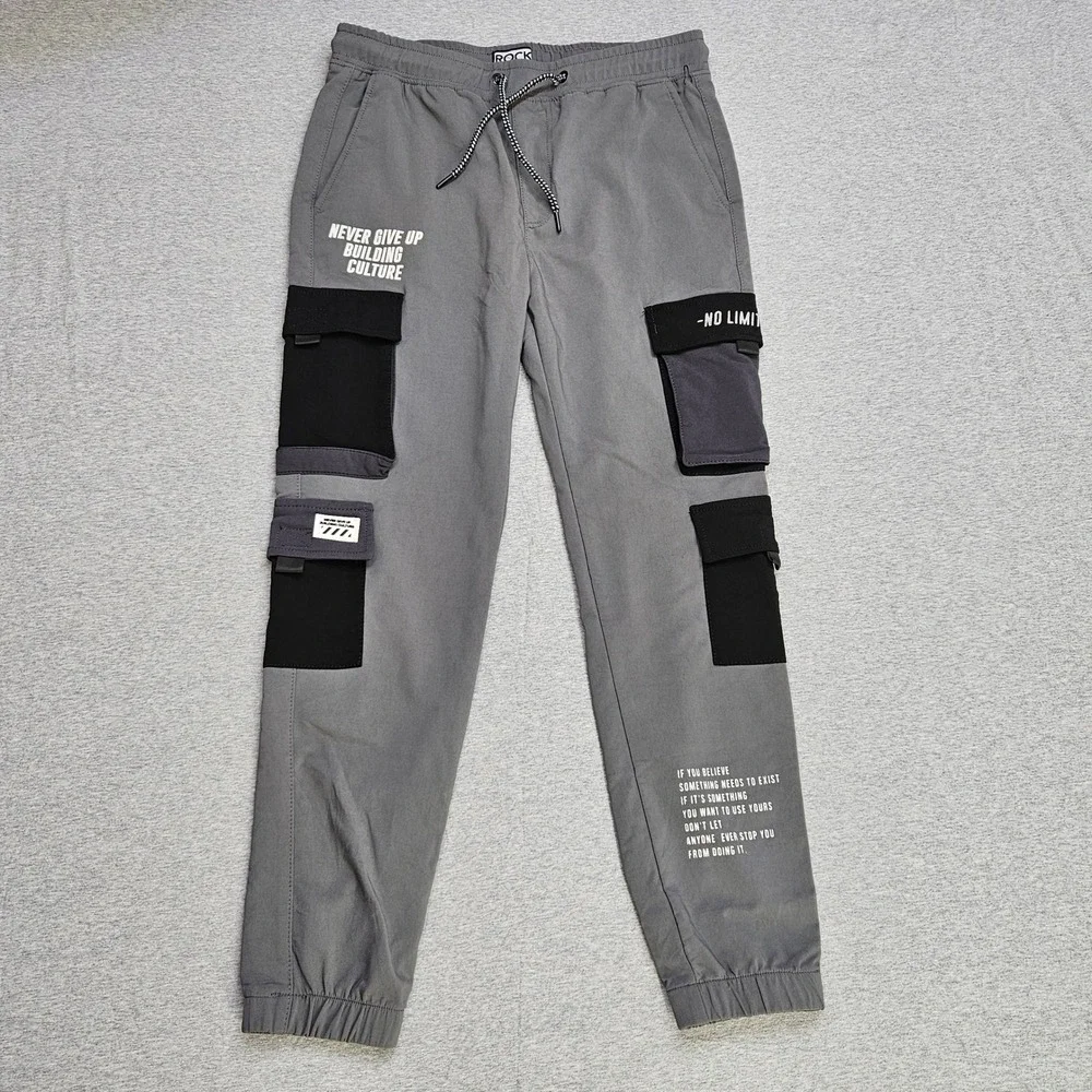Rock Mens Grey Graphic Cargo Joggers Streetwear Multi Pocket Pants Size M Gym